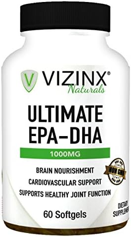 VIZINX Ultimate EPA-DHA 1000 MG - Purified Fish Oil, Molecularly Distilled and Enteric Coated, Essential for Brain Function, Cardiovascular Health and Joint Mobility Support. 60 Softgels