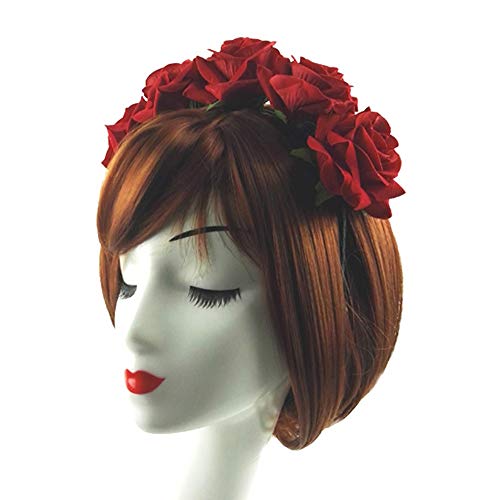 Rose Headband Flower Wreath Crown Hair Bands Big Floral Garland Christmas Hair Hoop Women Girl Hairband Party Decoration Headdress Cosplay Costume Headwear Handmade Headpiece Hair Accessories Burgundy - Thumbnail 2