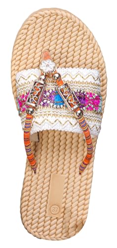 Rungion Women's Summer Boho Beaded Flat Thong Sandals Woven Beach Slides Slipper Comfort Non-Slip Outdoor Flip Flops at Amazon