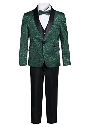 Boys Premium Paisley Patterned Shawl Lapel Tuxedos - Many Colors (2, Hunter Green with Black)