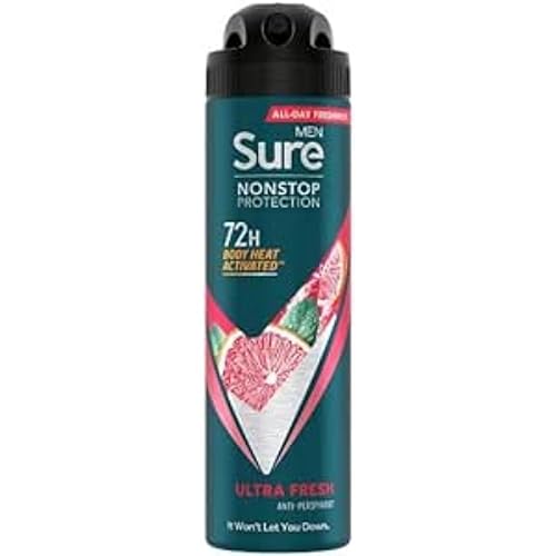 Sure Men Nonstop Protection Ultra Fresh Deodorant Body Spray Antiperspirant with a fruity scent & body heat activated technology for 72 hour odour and sweat protection 150 ml, Pack of 6