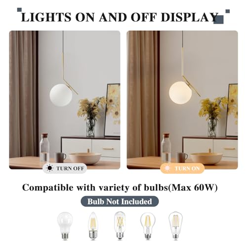 BOKT Lámpara Colgante de Globo Moderna Candelabro de Mediados de Siglo Latón Cepillado Luz Colgante Ajustable con Vidrio Esmerilado Blanco para Isla de Cocina Recámara Comedor (C-25 cm)