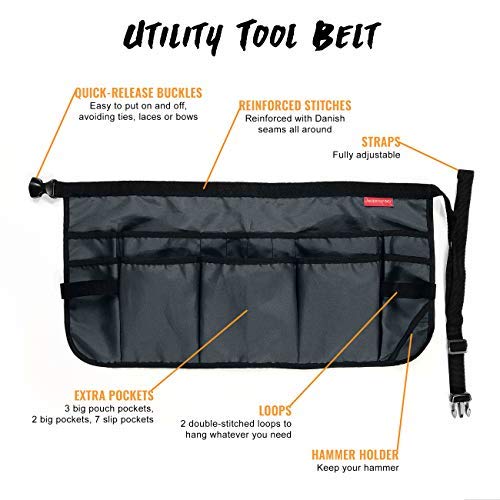 Under NY Sky Utility Tool Belt Apron – Heavy Duty Gray Oxford Canvas – 12 Pockets – Adjustable for Men, Women – Pro Mechanic, Woodworker, Carpenter, Electrician, Gardener, DIY, Handyman, Makers Apron