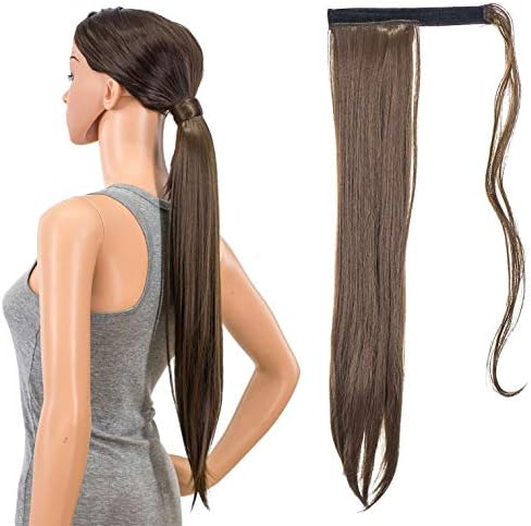 SWACC Women Long Straight/Curly Wavy Wrap Around Ponytail Extension Synthetic Hair Piece Clip in Hair extensions (Straight, Meduim Brown -8A)