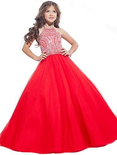DFEC Girls' Halter Crystal Floor Length Ball Flower Pageant Gowns 12 US Red