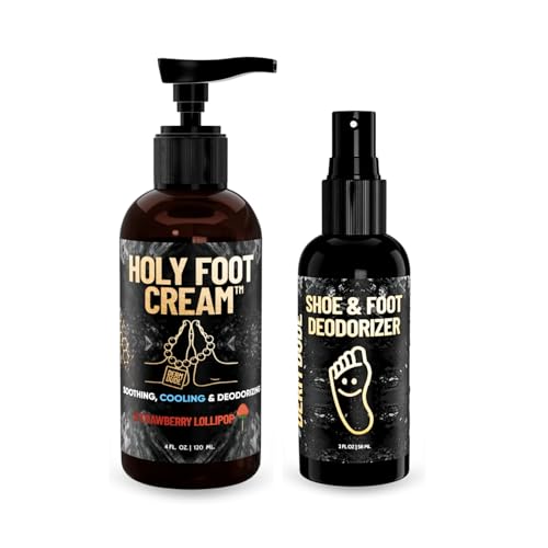 Derm Dude Foot Rescue Bundle | Strawberry Lollipop Holy Foot Cream 4oz + Mint Scent Foot & Shoe Deodorizer Spray 2oz | Moisturizer for Dry Cracked Feet & Odor Control Spray with DeoPlex, Aloe, Tea Tre