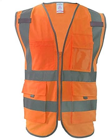 Ching Duoan Multi-pocketed Class 2 Reflective Strips 360 degree High Visibility Zipper Front Safety Reflective Vest (XXL, fluorescence Orange)