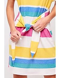 THFB Vestido de mujer con cinturón de manga corta y múltiples rayas