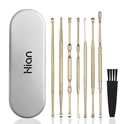Hion 8 Pcs Ear Wax Removal Kit,Professional Double-Headed Ear Pick Earwax Removal Tools,316L Stainless Steel Ear Cleaner Curette with Cleaning Brush and Storage Box,Suit for Kid Adult(Gold)
