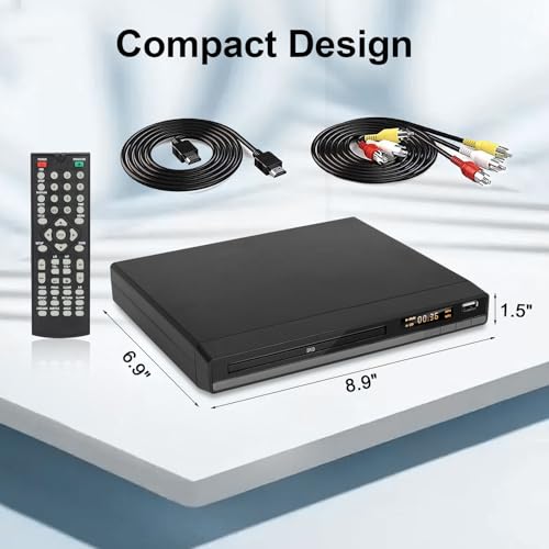 Compact HD DVD Player for TV HDMI AV Output with Cable Included, 1080P DVD-CD Player with USB Input, All Regions Free, Error Correction, Integrated PAL NTSC System (Black DVD-168)