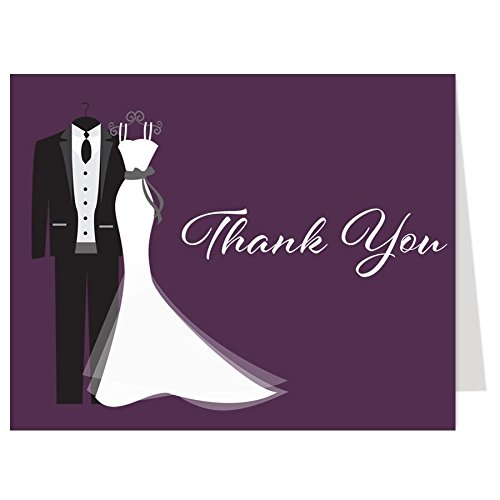 Wedding Shower Thank You Cards, Bridal Shower, Couples, Plum, Purple, Eggplant, Wedding, Dress, Tux, 50 Printed Cards with Envelopes, Say I Do (Plum)