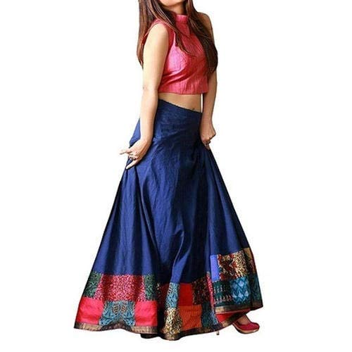 dharam fab women's taffeta silk skirt with top (blue,free size)