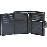 Plinvo Mens Large RFID Blocking Genuine Leather Wallet Trifold Card Holder with Snap Closure and 3 ID Windows (Black)