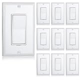 Maxxima Single Pole Decorative Wall Switch 15A On/Off White, Rocker Light Switch Wall Plates Included (Pack of 10)