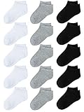 Coobey 15 Pack Kids' Half Cushion Low Cut Athletic Ankle Socks Boys Girls Ankle Socks (2-4 Years, Black&Gray&White)