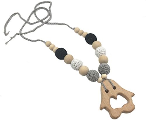 Amyster Crochet Beads Baby Teether Necklace Beads Safe Chunky Teething Necklace Wooden Little Penguin Wooden Crochet Nursing Teether Baby Toy (Penguin)