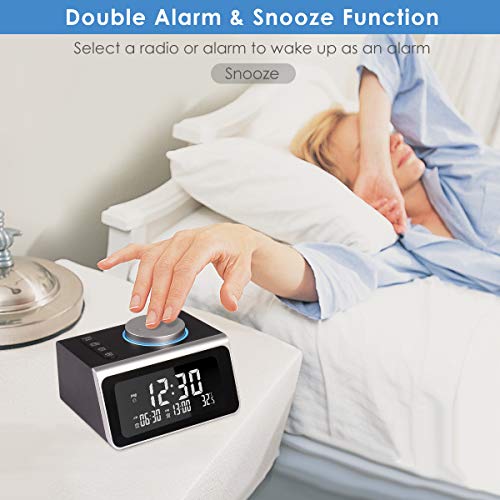 Digital Alarm Clock, Upgraded Dual Alarm Clock Radio Indoor Thermometer, Charging Station/Phone Charger with Dual Port USB 4.2" Display & 5 Levels Brightness Dimmer LED (Black)