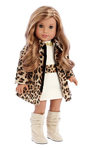 Fashion Girl - 3 piece outfit - Cheetah Coat, Ivory Dress and Ivory Boots - 18 Inch Doll Clothes (doll not included)