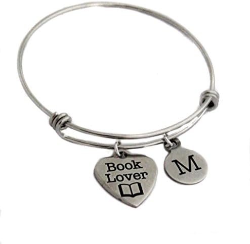 Custom Stainless Steel "Book Lover" Charm Adjustable Bracelet, Teacher Gift Book Lover Gift