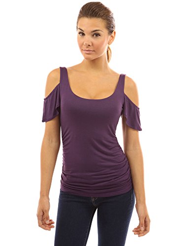PattyBoutik Women's Scoop Neck Cut Out Flutter Sleeve Blouse (Dark Purple S)