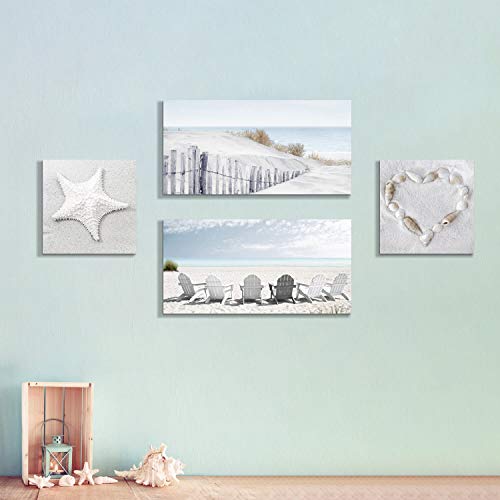 Beach Wall Art Seascape Print: Starfish & Chair on Seaside Giclee Artwork Painting on Canvas for Wall Decor(Overall 36"W x 24"H)