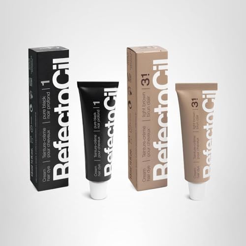 RefectoCil Cream Hair Dye 2-Pack - Professional Hair Tint for Long-Lasting Color - Black (1) + Light Brown (3.1)