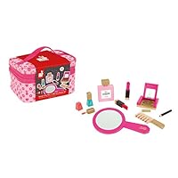 Janod Little Miss Vanity Case - Adorable Pretend Play Classic Cosmetic Case - Durable Mess Free Wooden Makeup Tools, Perfume and Nail Polish - Develops Role Play and Imaginative Skills - Ages 3+ years