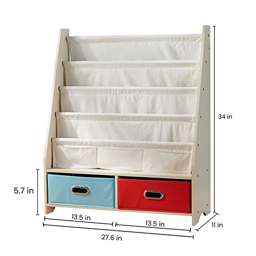 SEIRIONE Kids Book Rack, 4 Sling Bookshelf, 2 Storage Boxes and Toys