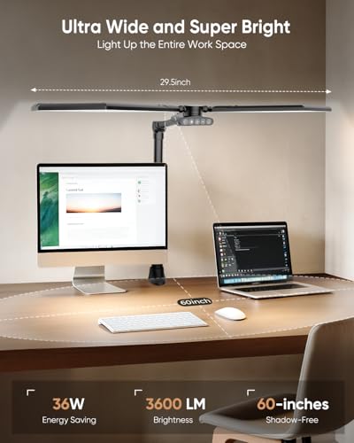 LED Desk Lamp with Clamp, 3600LM 448LEDs Ultra-Bright Desk Light with Remote Control, Office Lamp with Stepless Dimming, Color Temp & Memory, Study lamp for Desk and Workbench, Black