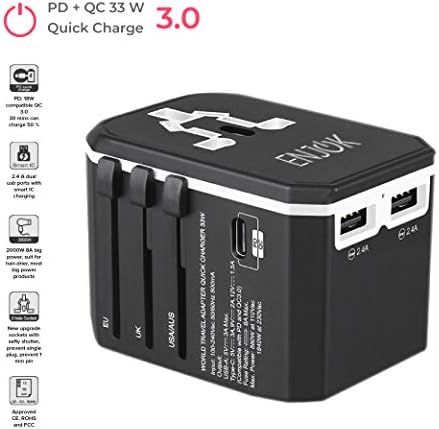ENJOK Universal Travel Power Adapter - QC Wall Charger for USA EU UK - Worldwide AC Wall Plug - PD Quick Charge for Cell Phone Laptop - with Dual USB Charging Ports [2000W 8A]