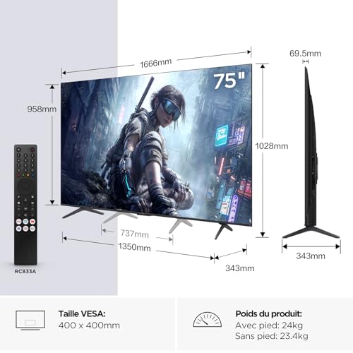 75T8D 75 Pouces QLED avec QD-Mini LED Dimming 4K HDR Ultra HD TV, Smart Google TV (Dolby Vision, HDR10+ & Atmos, 144Hz VRR, FreeSync Premium, Son Onkyo 2.1, Game Master, Commande vocale)