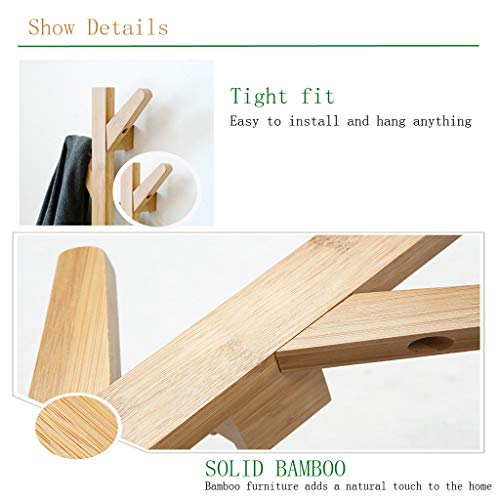 XGao Bamboo Tree Hangers with 6 Hooks Clothes Hanging Rack Towel Shelf Adhesive Or Drilling Storage Racks Hanger Rod Storage Organizer Wall Mount Easy Install Shelf for Bathroom Shower Coats (Brown) - Thumbnail 6