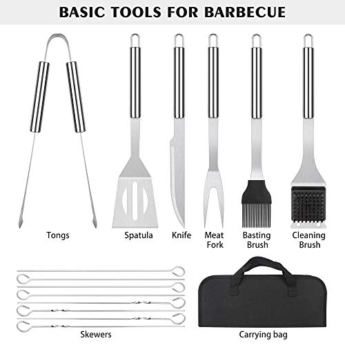 meicent Grill Accessories BBQ Tool Set, 14 PCS Stainless Steel Grilling Utensils Set with Knife, Fork, Brush, Spatula,Tong,Skewers,Barbecue Kits for Camping, Grilling