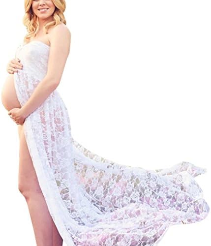 Sunday dress for Pregnant Women Lace Ankle Length Photography Maternity Dress Women Pregnants Off Shoulder Sleeveless Photo Shoot Props Pregnancy Maxi Dresses (XL White)