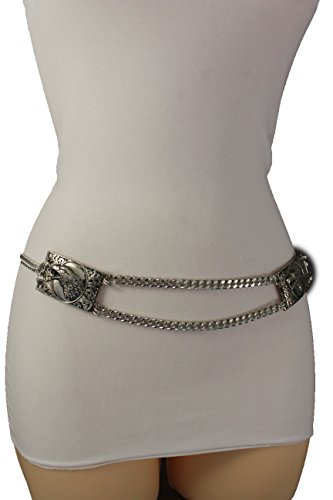 TFJ Women Fashion Belt Metal Chains Side Hips Eagle Charms Style XS S M Silver