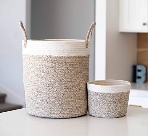 Little Hippo 2pc Large Cotton Rope Basket (16"x14") 100% Natural Cotton! Rope Basket, Woven Storage Basket, Large Basket, Blanket Basket Living Room, Toy Basket, Pillow Basket, Round Basket