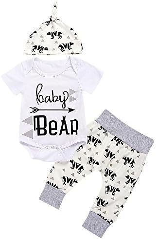 3 Piece Unisex Toddler Infant Newborn Kids Baby Bear Romper Geometry Pants Hat Outfits Clothes Sets