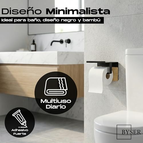 BYSER Adhesive Toilet Paper Holder with Shelf + 2 Hooks, Black Stainless Steel and Bamboo, Toilet Paper Holder Wall Without Drill, with Modern Bathroom Accessories
