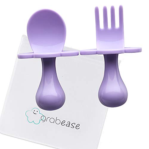 GRABEASE First Training Self Feed Baby Utensils - Anti-Choke, BPA-Free Baby Spoon and Fork Toddler Utensils with Pouch Set - Toddler Silverware for Baby Led Weaning Ages 6 Months+ (Lavender)