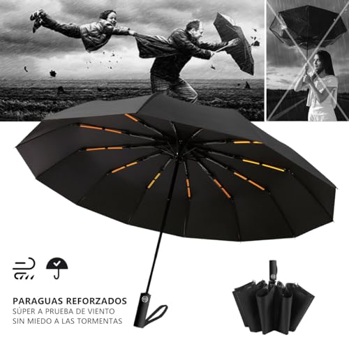 MXHIGO Paraguas Plegable Automático Reforzado, Paraguas de Bolsillo Resistente al Viento, Sombrilla Grande para Lluvia y Sol, Con 24 Varillas Reflectantes y Protección UV, Para Hombres y Mujeres