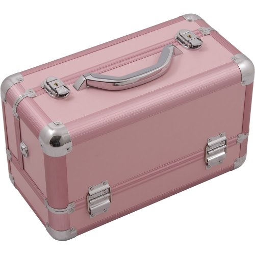 HIKER Makeup Train Case HK3101 Professional Aluminum, 3 Tier Tray and Brush Holder, Locking with Shoulder Strap, Pink Matte