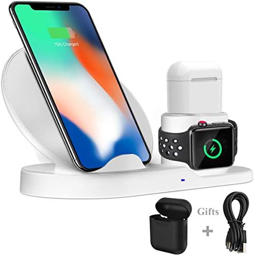 Wireless Charger Stand Station, Wonsidary Fast Charge Dock Compatible with Apple Watch Series 4/3/2/1/AirPods iPhone Xs/Xs Max/XR/X /8/8 Plus/All Qi Enabled Phone(AC Adapter Not Included) (White)
