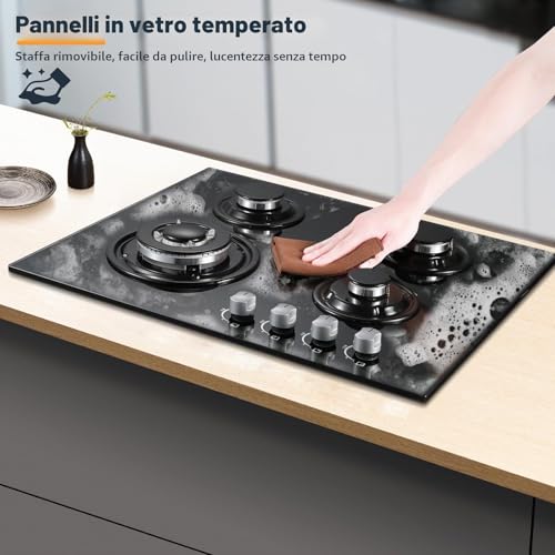 TopStrong 4 Burner Gas Hob, Built-in Glass Gas Hob, Flame-Out Protection, Natural Gas/Propane, 8060W, Black, 220-240V