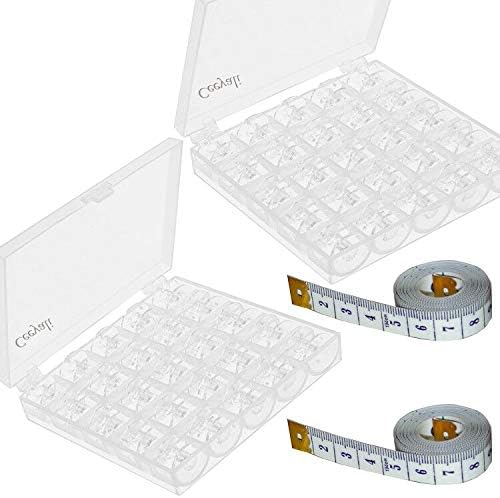 Ceeyali 50 Pcs Transparent Plastic Sewing Machine Bobbins with Bobbin Case Compatible for Multiple Sewing Machine + 2 Pcs Measuring Tape
