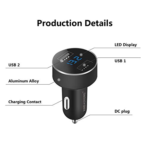 Car Charger, XINBAOHONG Fast Charge Metal Dual USB 4.8A Car Adapter LED Display Car Voltage Detector Flush Fit X/8/7/6s/Plus iPad Pro/Air 2/Mini Galaxy S7/S6/Edge/Plus More (Black)