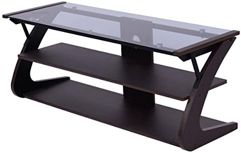 Globe House Products GHP 45.3"x15.7"x17.7" Tempered Glass Steel TV Stand w 2 Bottom Shelves & Cable Holes