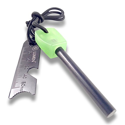 LUMEN Glow-in-the-dark Fire Starter, 5/16" ferrocerium rod with Luminous handle, Multitool, and Shockcord lanyard, for Backpacking, Emergency Survival, or Bushcraft