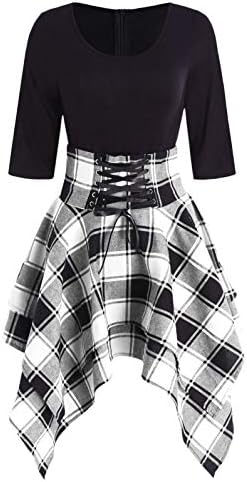ZEZCLO Women's Half Sleeve Round Collar Plaid Lace Up Asymmetrical Blouse Tartan Dress