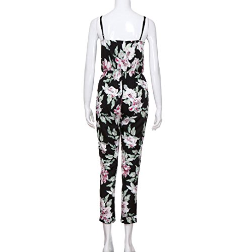 Jumpsuits, Womens Floral Sleeveless Adjustable Strappy V-Neck Playsuit Long Rompers (Black, XL)
