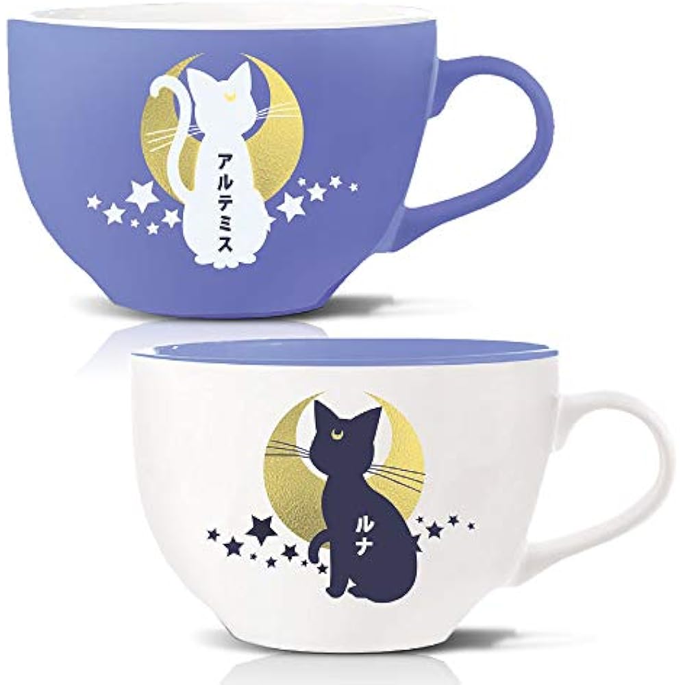 Sailor Moon Luna Artemis Purple White Tea Cups Saucers, Set Of 2, 6.7oz